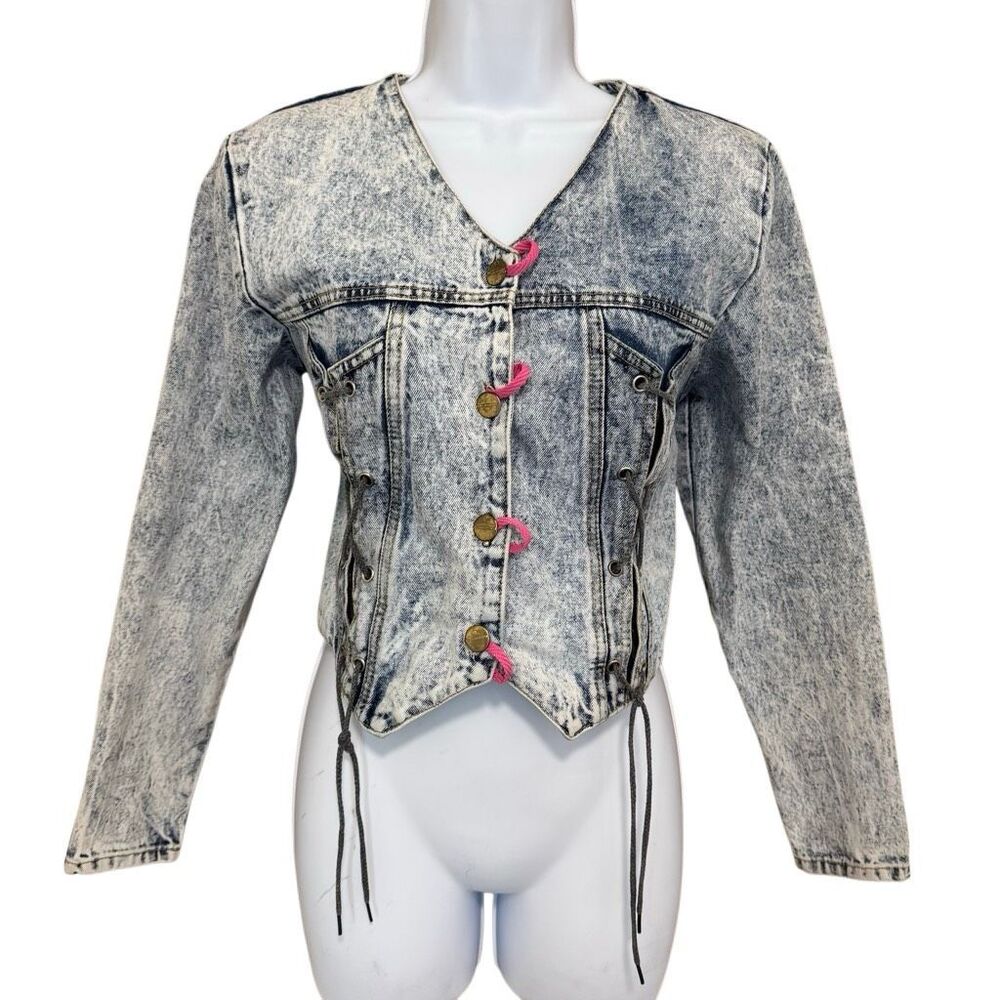 Vintage 80s/90s Acid Wash Lace-Up Denim Jacket Corset Cropped Moto Jacket M